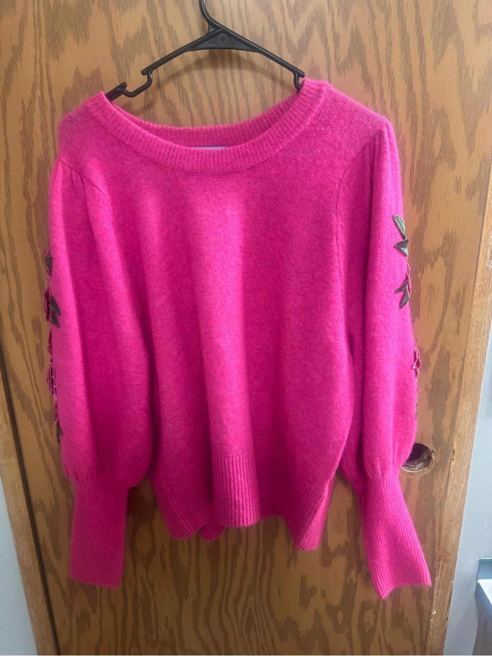 Bright Pink Women's Embroidered Floral Sleeve Sweater
